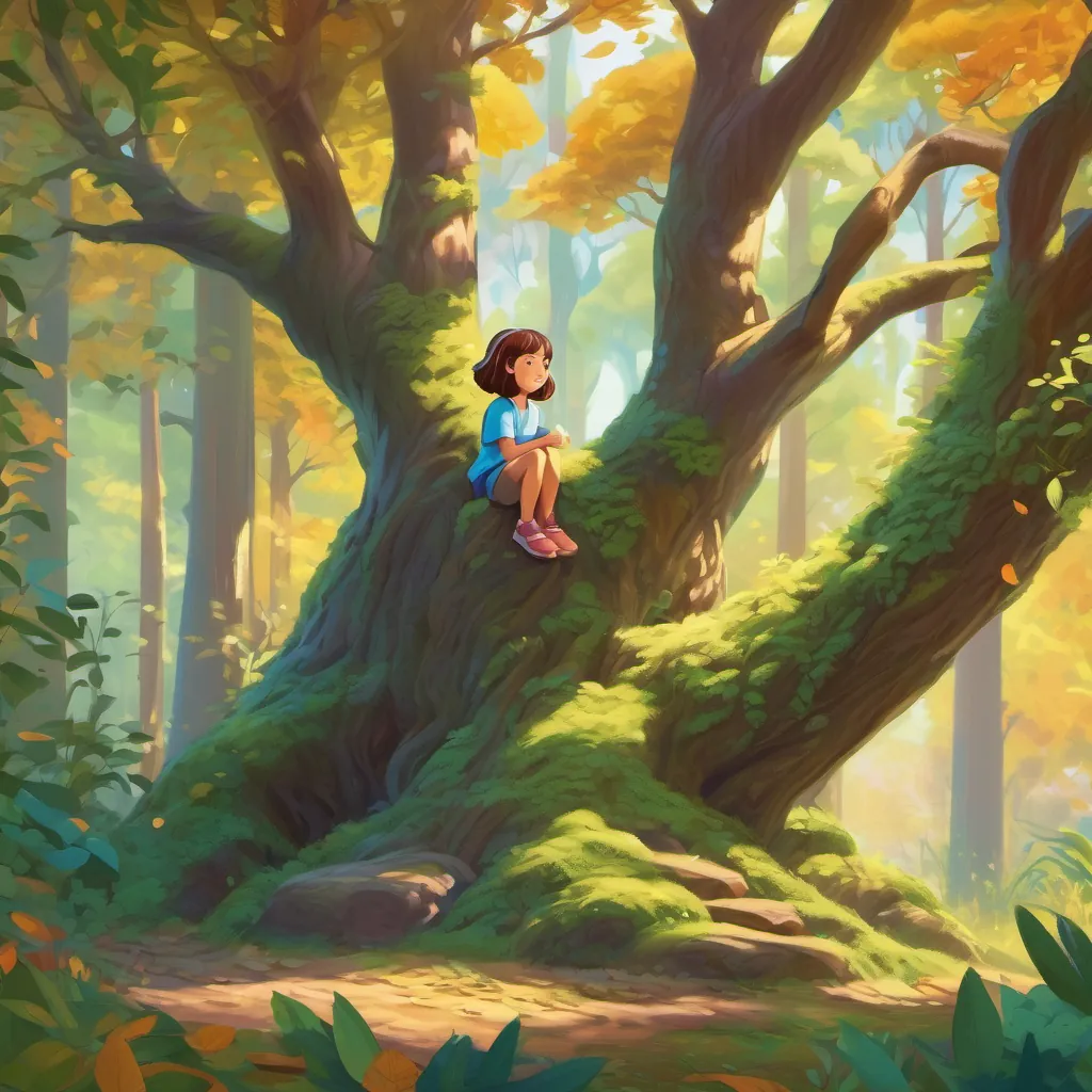 A large, majestic tree in the middle of a vibrant forest. A little girl sitting cross-legged beneath it, chatting happily with the leaves.
