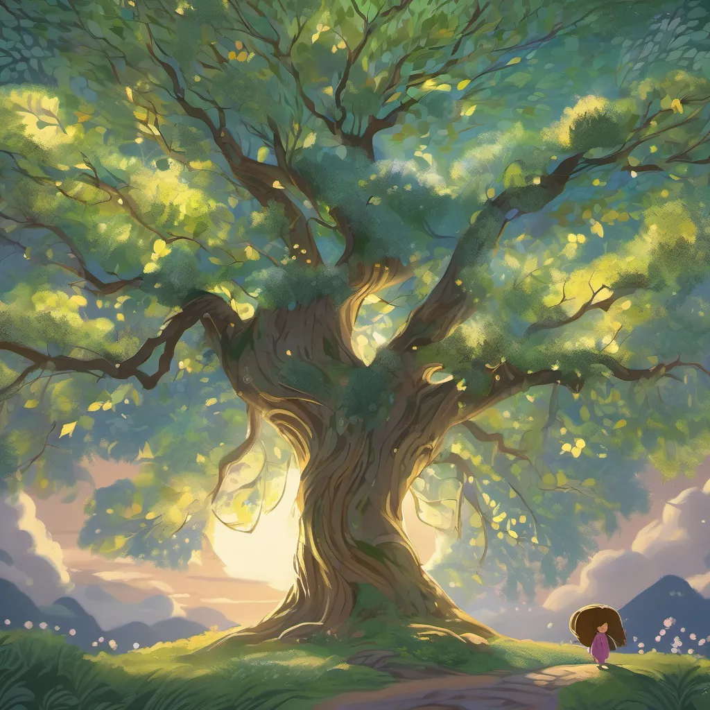 A majestic willow tree with flowing branches, giving a wise and gentle demeanor tree in the moonlight, with leaves softly swaying, and A curious little girl with bright eyes and a heart full of dreams, often seen wearing a playful outfit and a big smile looking thoughtful.