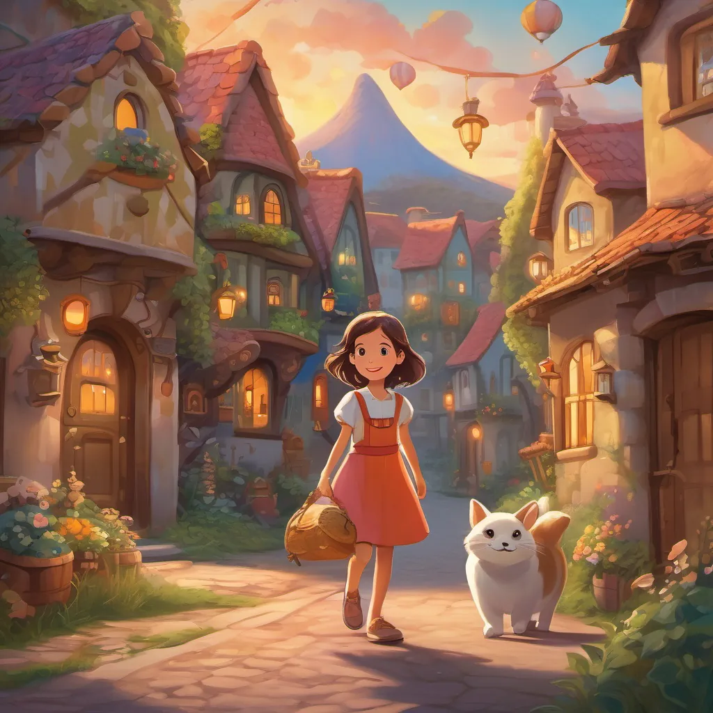 The whimsical town of Whimsy at sunset, with A curious little girl with bright eyes and a heart full of dreams, often seen wearing a playful outfit and a big smile walking happily, animals around her, and a peaceful, enchanting atmosphere.