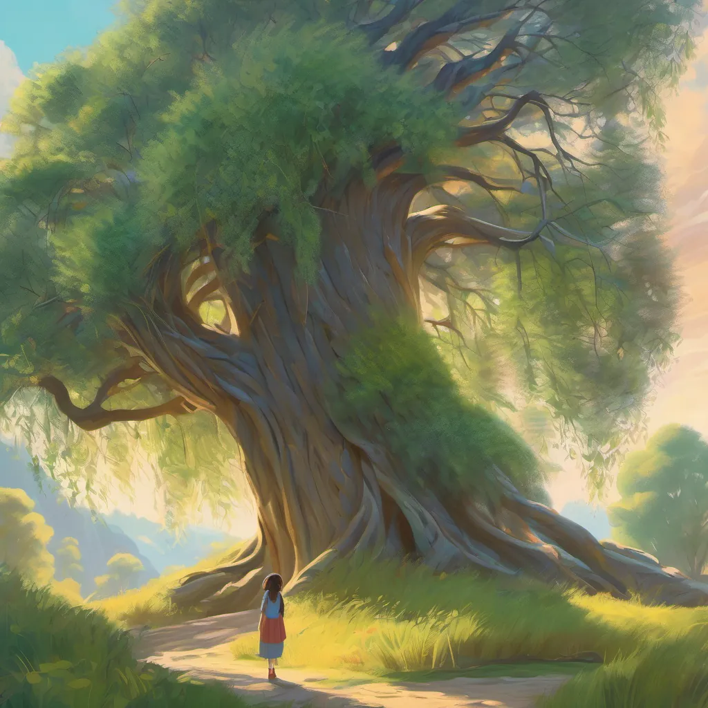 A giant willow tree with flowing branches gently swaying in the wind. The girl looks astonished as the tree appears to be communicating with her.