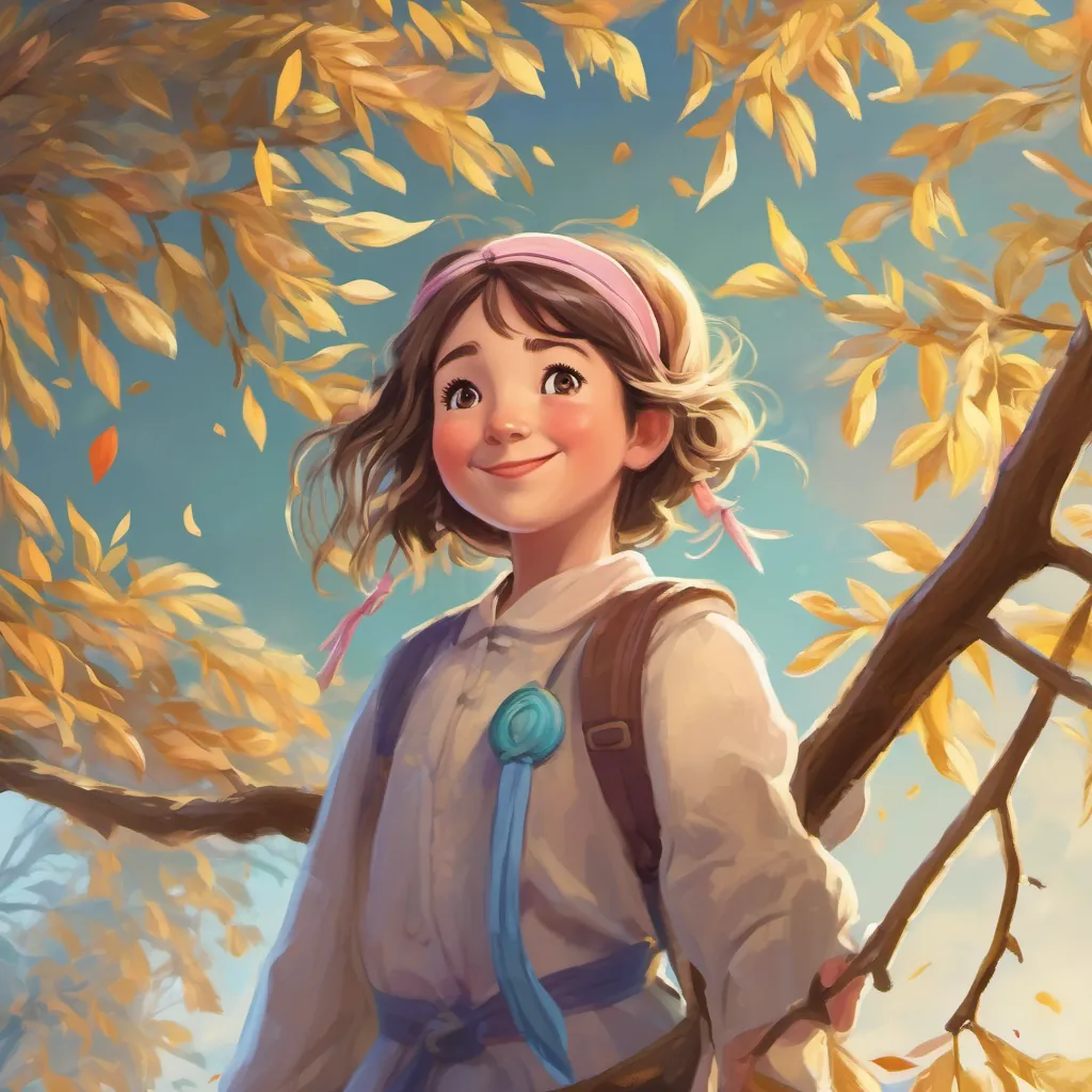 Close-up of the willow tree branches with an indicative wink, and A curious little girl with bright eyes and a heart full of dreams, often seen wearing a playful outfit and a big smile with wide, surprised eyes.