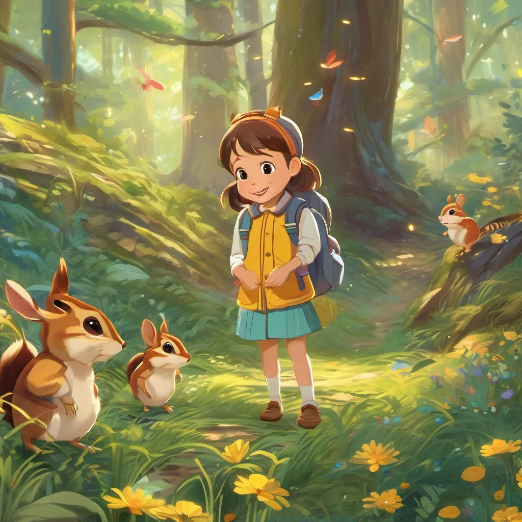A lively forest scene with chipmunks and meadowlarks surrounding A curious little girl with bright eyes and a heart full of dreams, often seen wearing a playful outfit and a big smile, all engaging in animated conversation.