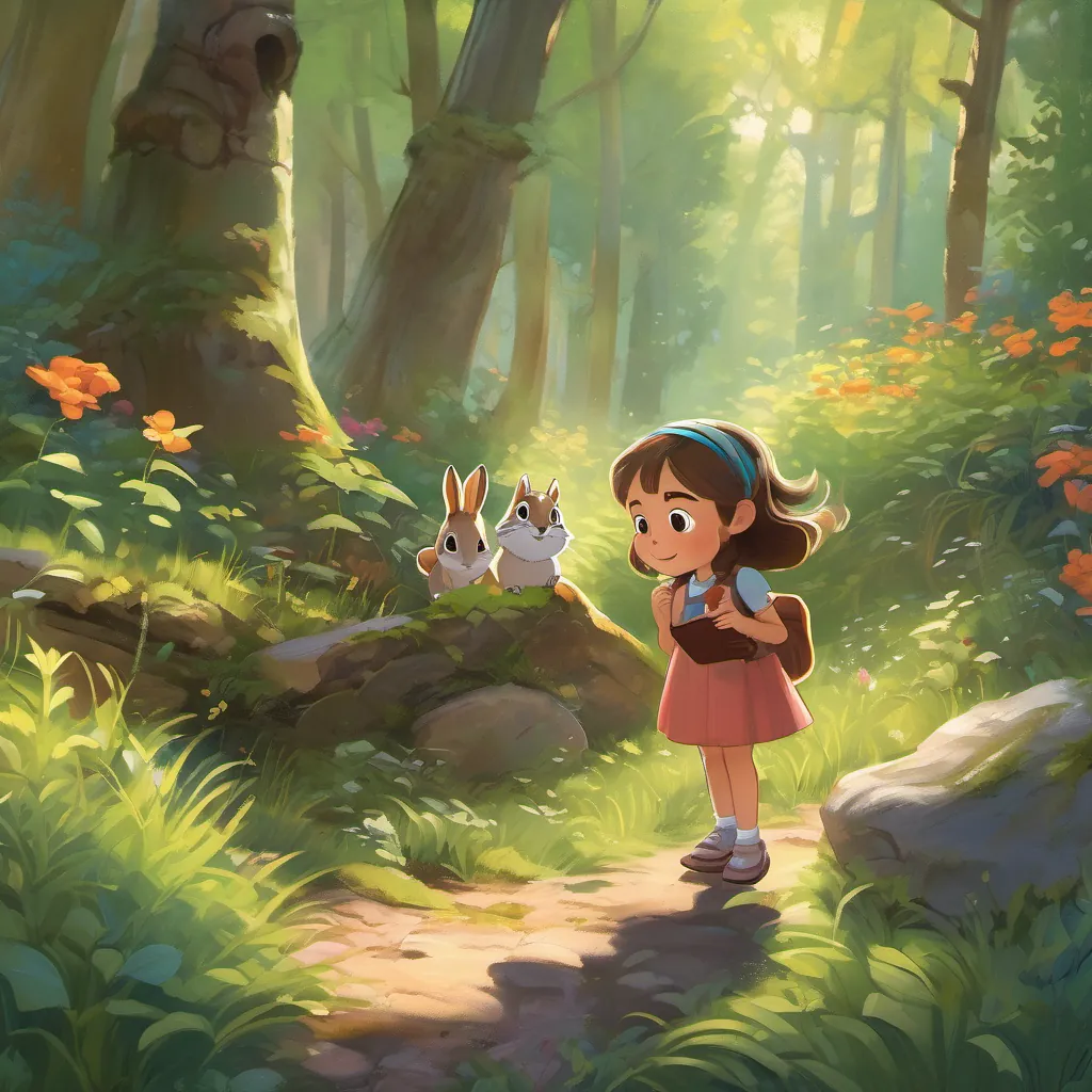 A curious little girl with bright eyes and a heart full of dreams, often seen wearing a playful outfit and a big smile narrating a story to a chipmunk, both happy and animated, amidst a lush, sunlit forest backdrop.