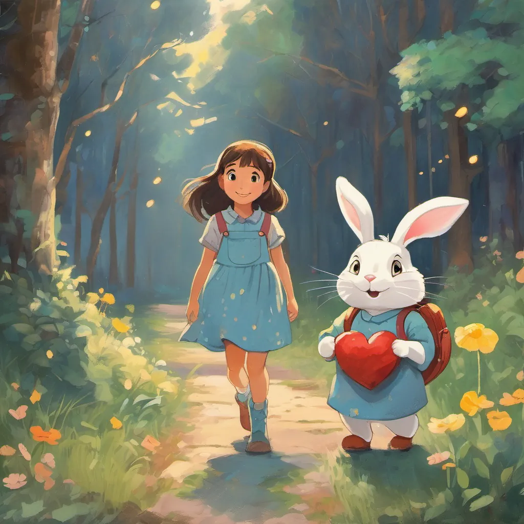 A distressed rabbit approaching A curious little girl with bright eyes and a heart full of dreams, often seen wearing a playful outfit and a big smile, with visible concern. A curious little girl with bright eyes and a heart full of dreams, often seen wearing a playful outfit and a big smile looks empathetic and ready to help.