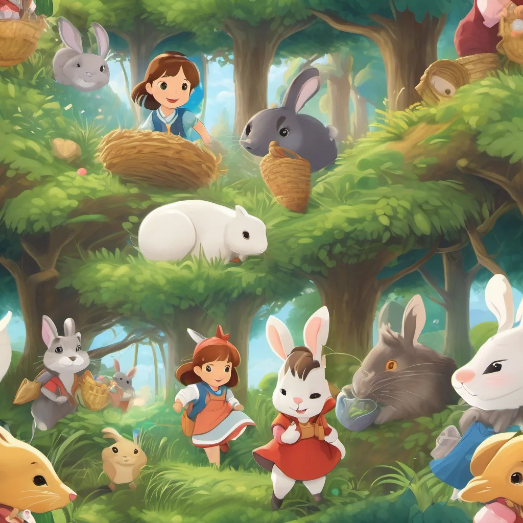 Various animals working together to clear the entrance to the rabbit's burrow, A curious little girl with bright eyes and a heart full of dreams, often seen wearing a playful outfit and a big smile leading the effort.