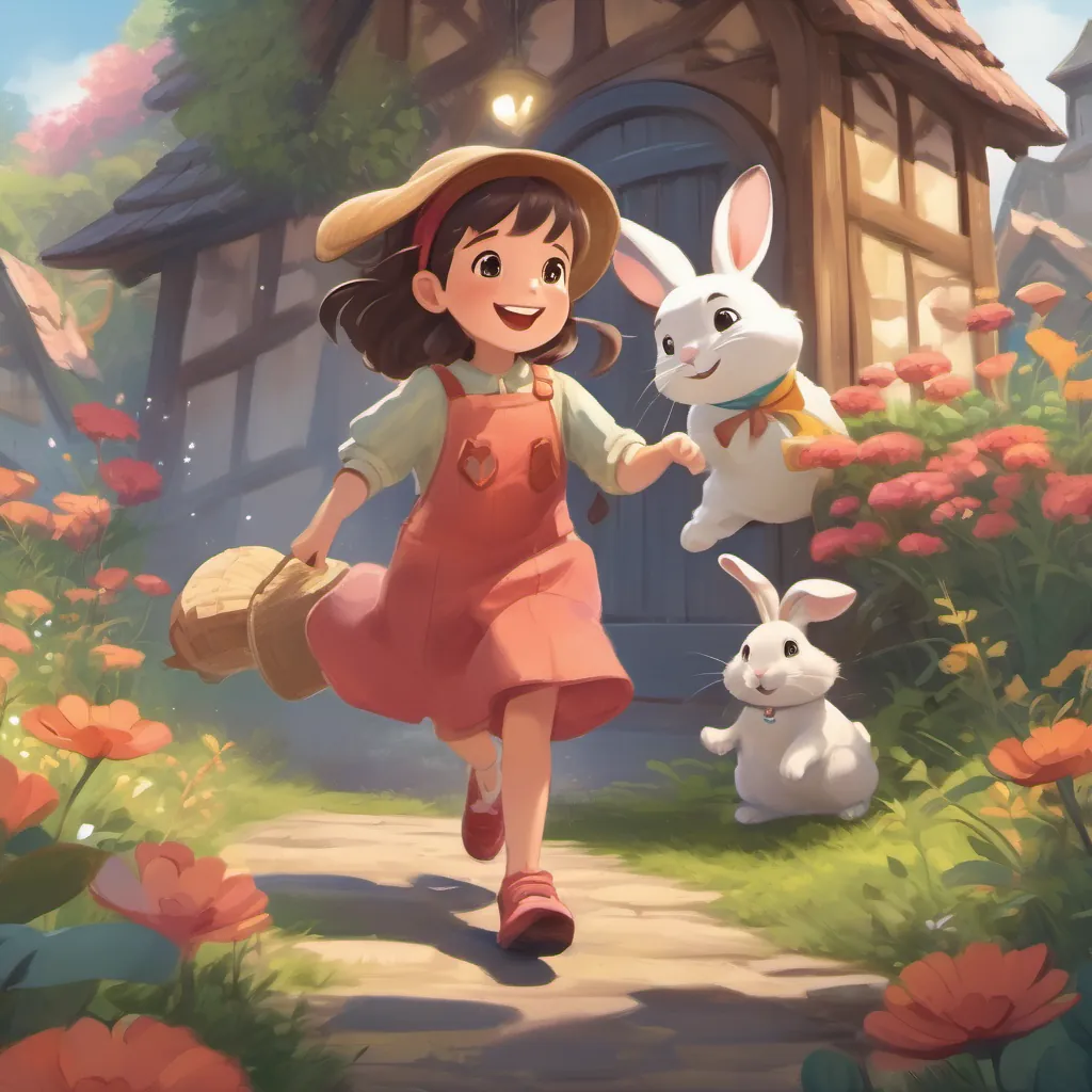 Animals cheering and clapping, A curious little girl with bright eyes and a heart full of dreams, often seen wearing a playful outfit and a big smile smiling warmly, and a rabbit looking grateful.