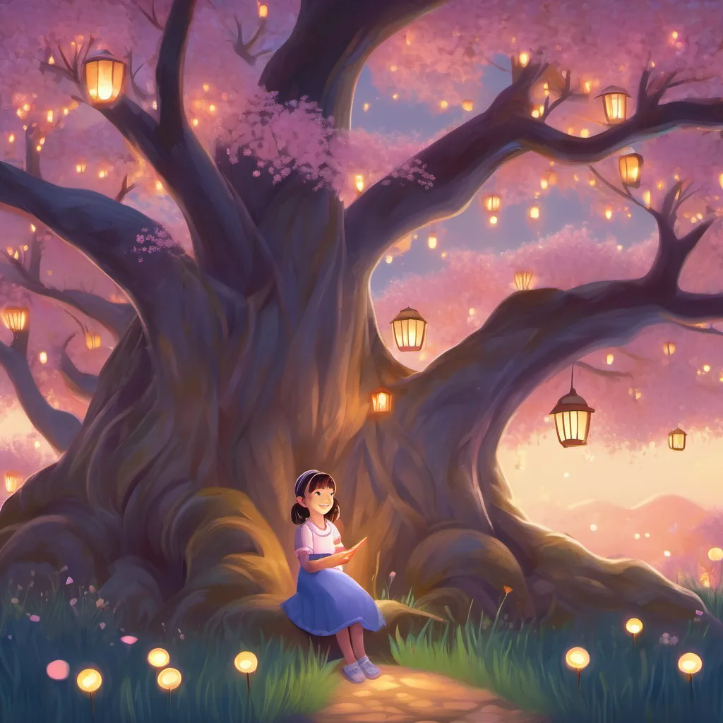 A serene night scene with A curious little girl with bright eyes and a heart full of dreams, often seen wearing a playful outfit and a big smile sitting under the willow tree, moonlight casting a gentle glow.