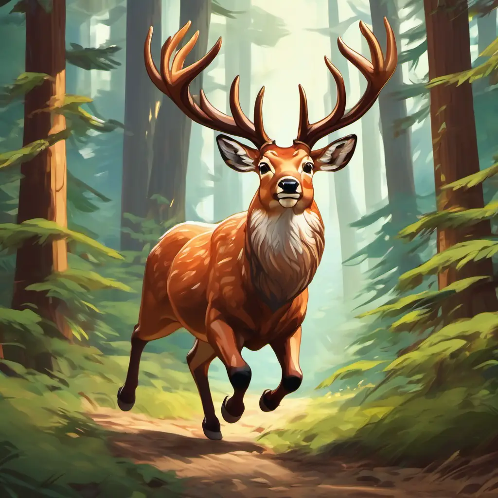 Benny the buck, with strong antlers and a determined expression the buck with strong antlers, running through the forest with a soccer ball