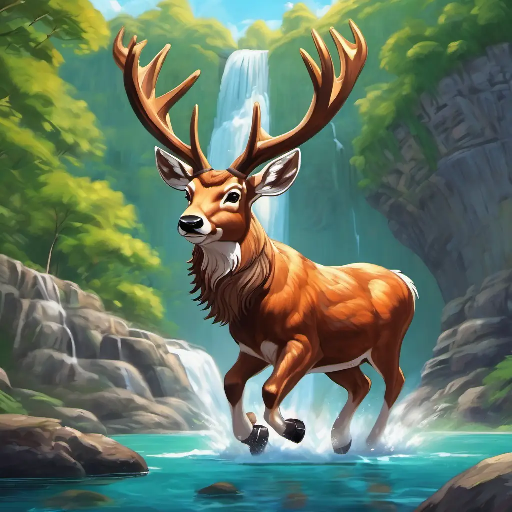 Benny the buck, with strong antlers and a determined expression playing soccer near the breathtaking waterfalls, kicking the ball high in the air