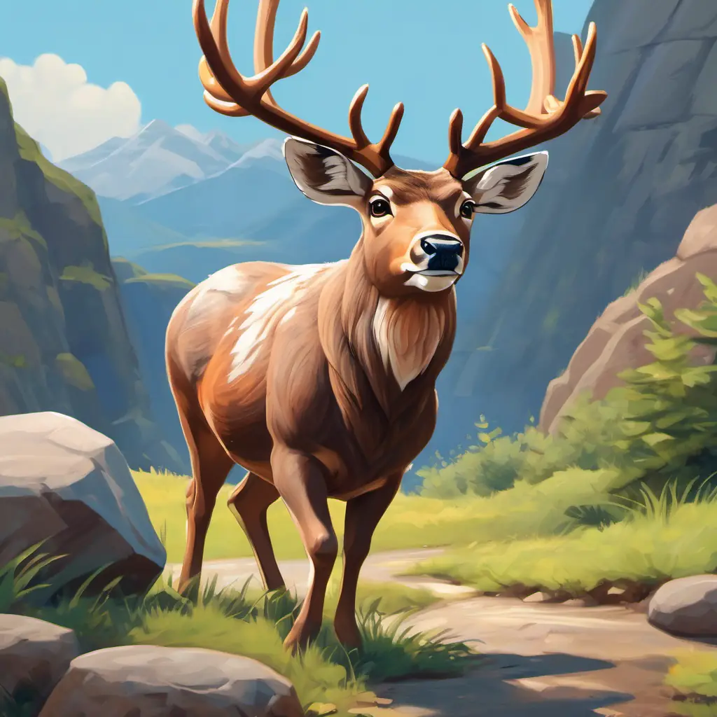 Benny the buck, with strong antlers and a determined expression skillfully dribbling the soccer ball across the rocky surface, determined expression on his face