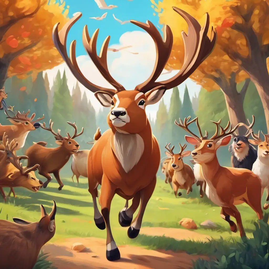 Benny the buck, with strong antlers and a determined expression surrounded by other animals, cheering and playing soccer together