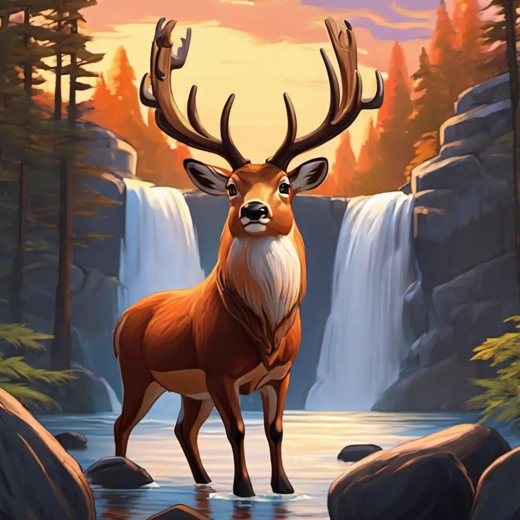 Benny the buck, with strong antlers and a determined expression sitting near the waterfalls, watching the sunset, a content smile on his face