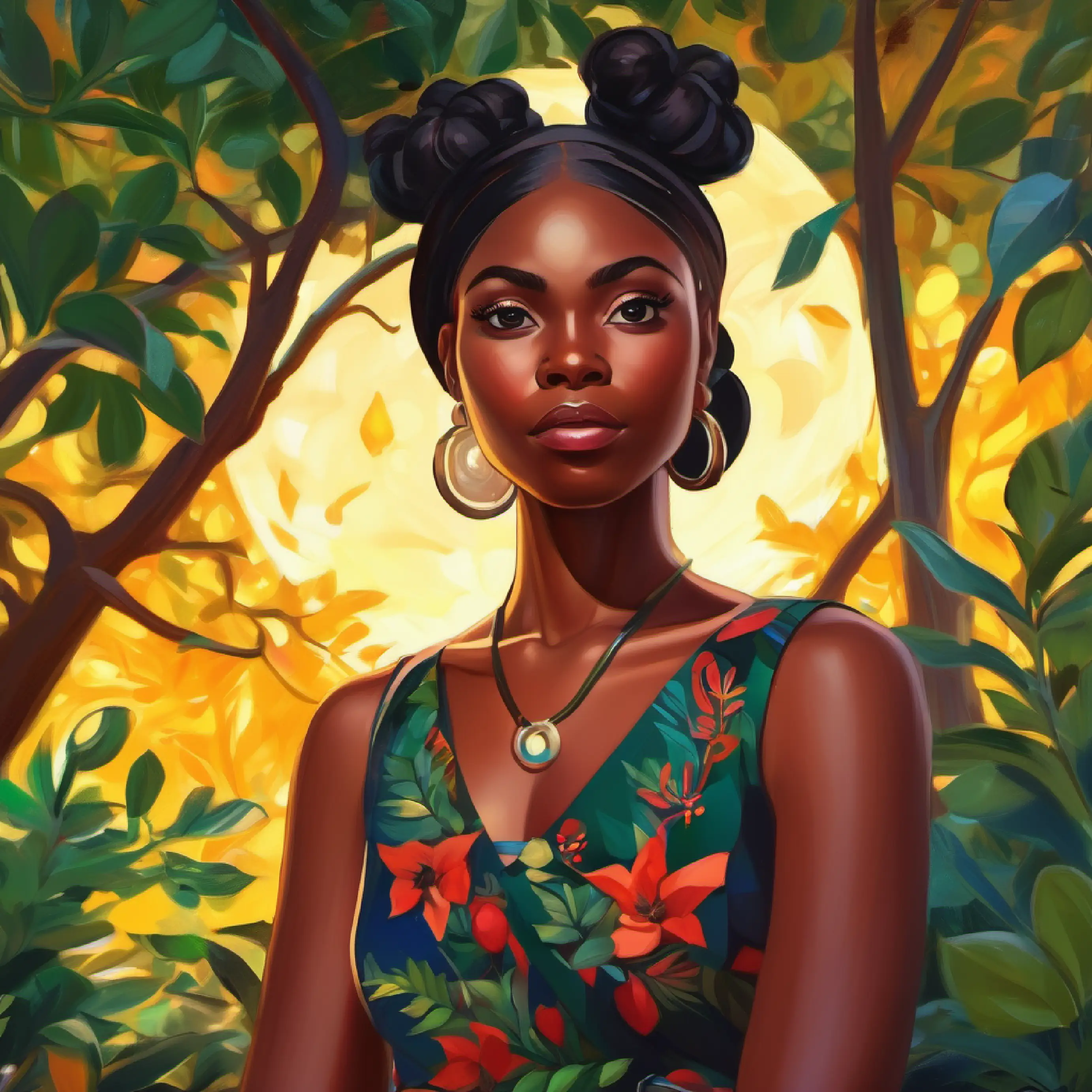 Nigerian girl, dark skin, bright eyes, creative reflecting on forgiveness amidst nature's lessons.