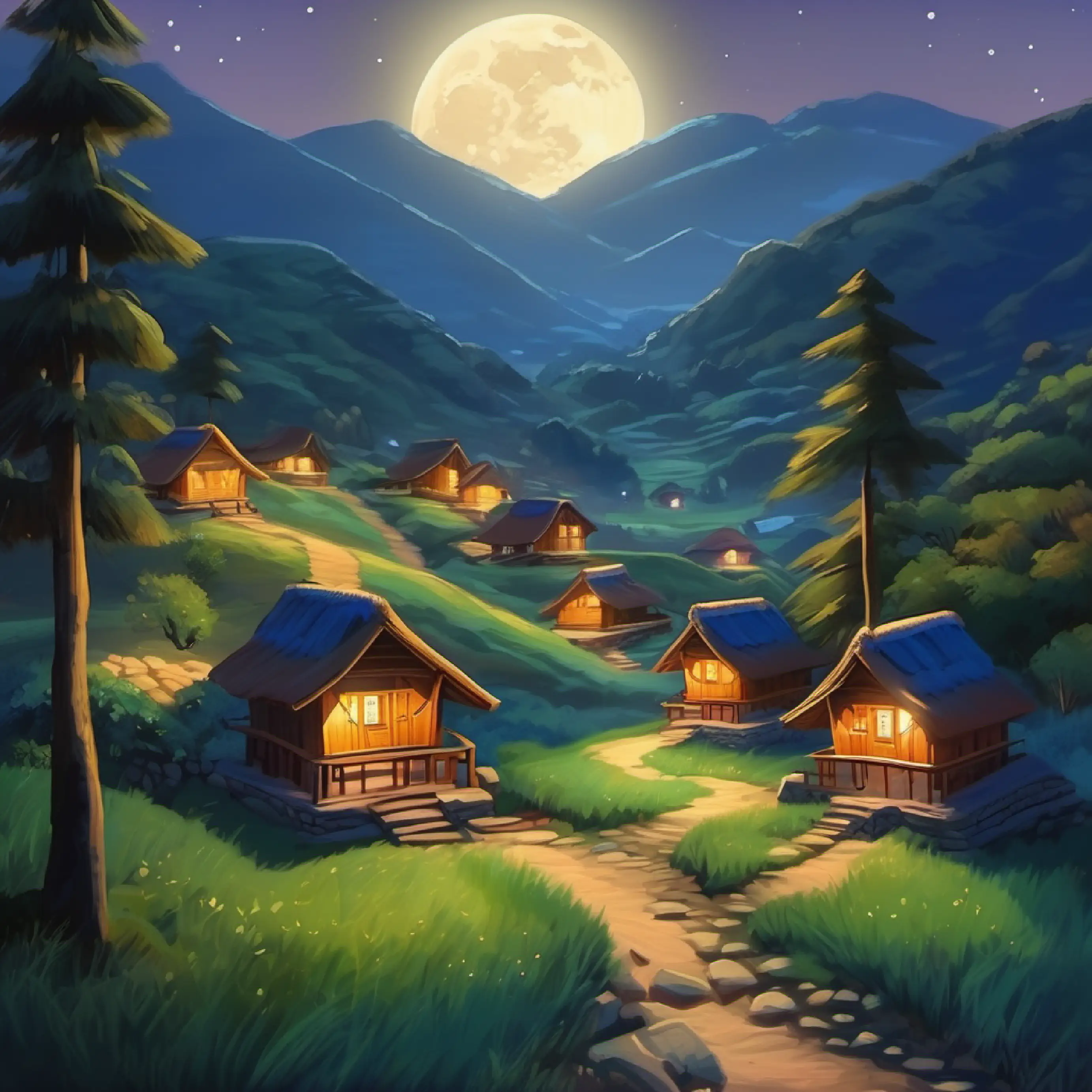 A serene night scene of Idanre, with traditional huts nestled amongst the hills and the moon casting a gentle glow over the landscape.