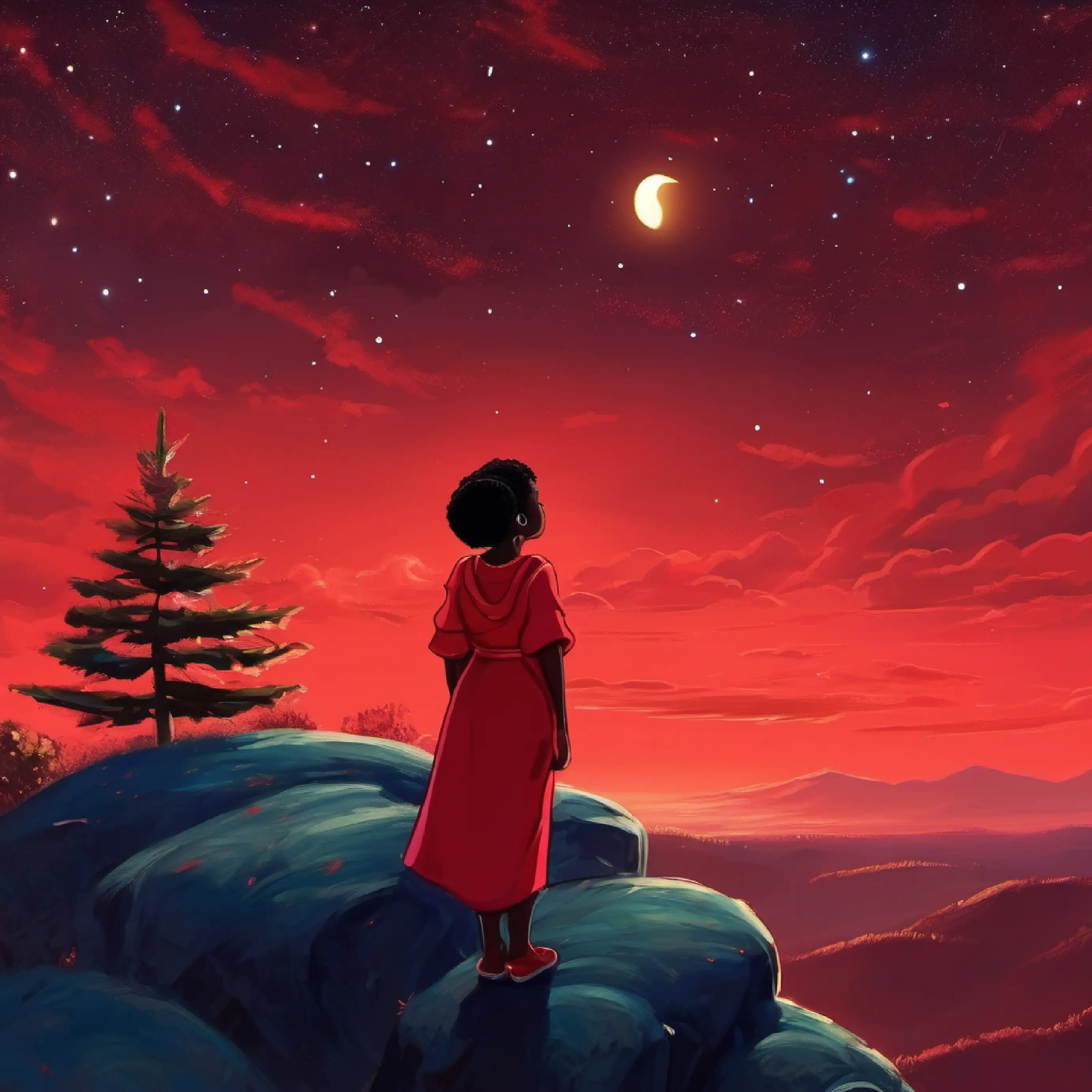 Nigerian girl in red Mbi gazing up at the starlit sky from the peaceful tranquility of Idanre, the hills bathed in moonlight.