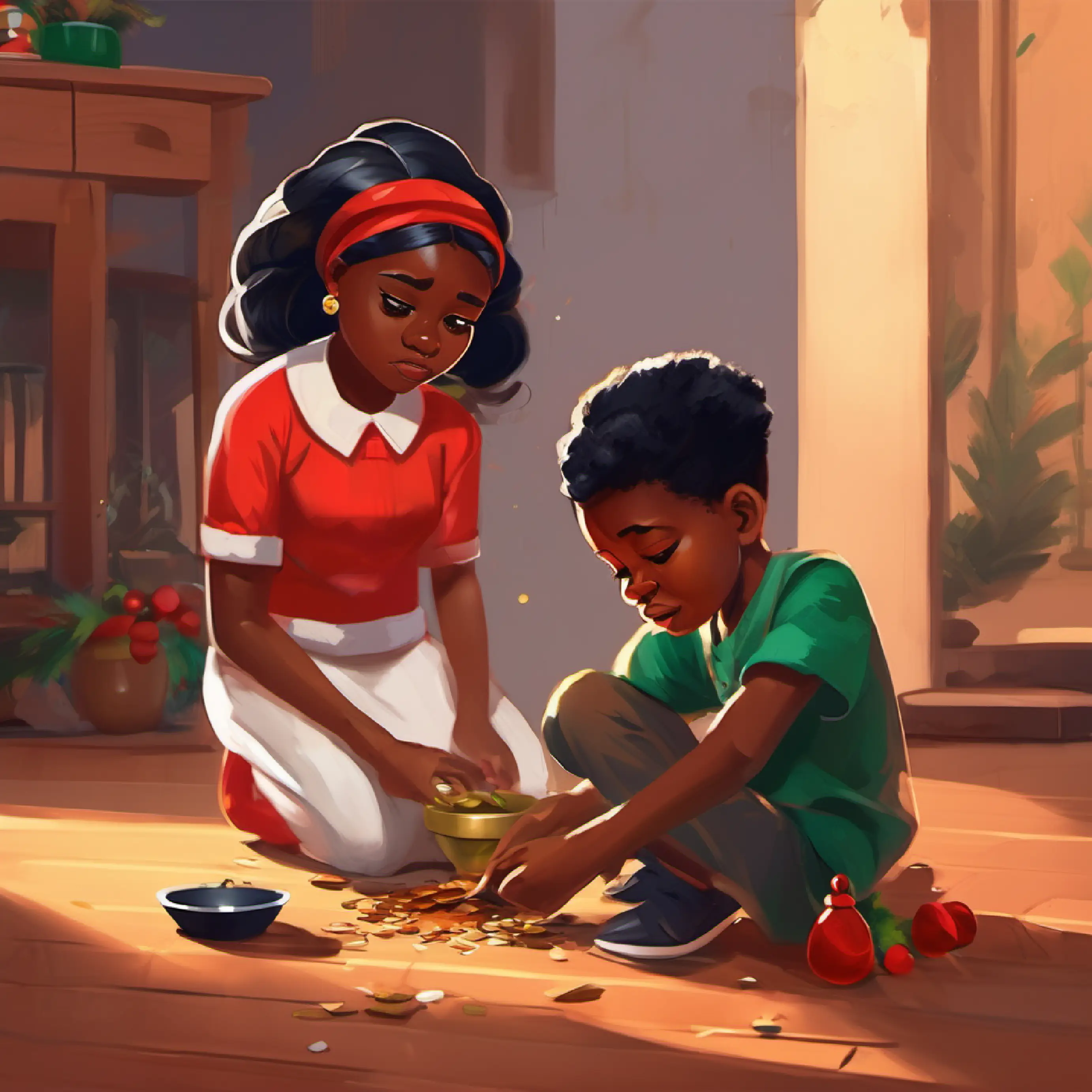 Nigerian girl Mbi looking upset as her nigerian brother breaks her favorite pot with a broken pot on the floor