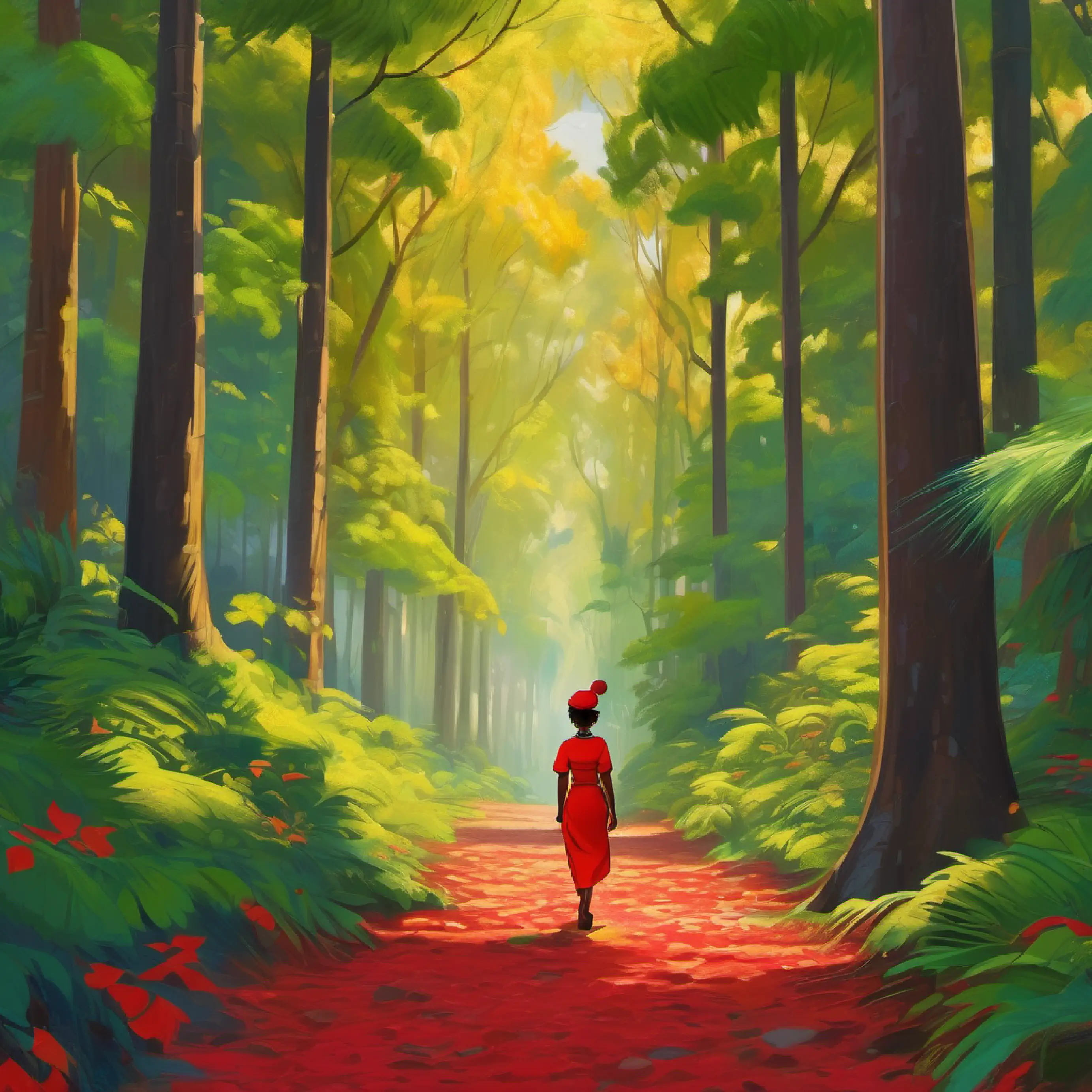 nigerian young in red with gold small earings girl Mbi walking alone amidst the towering trees and vibrant foliage of the Idanre forest.