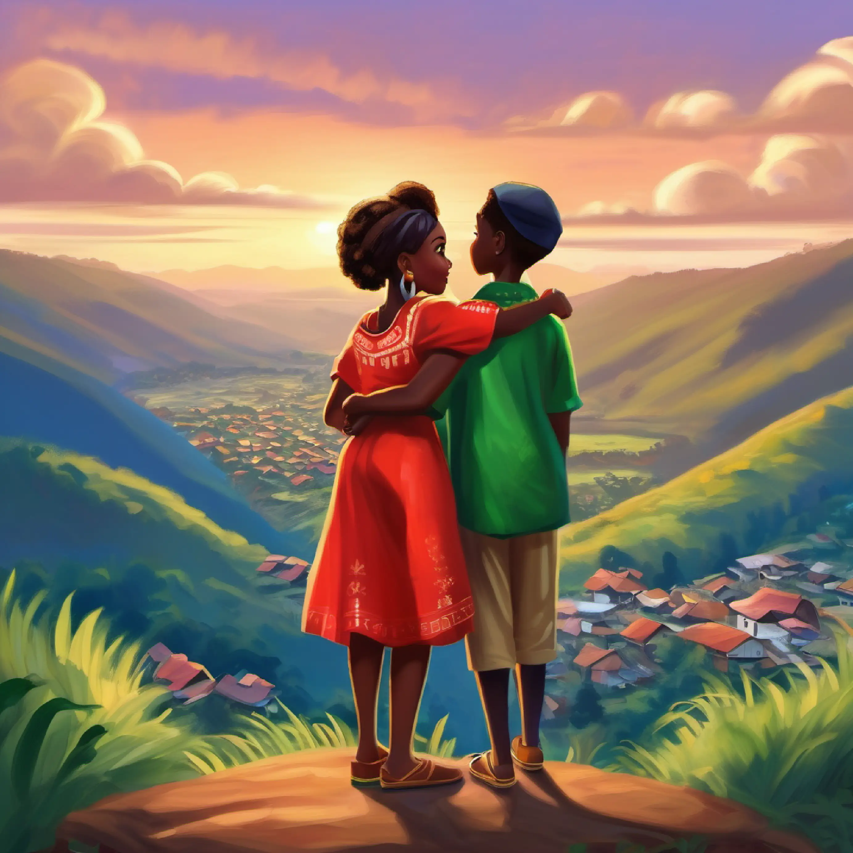 Nigerian girl Mbi and her brother reconciling with embraces, surrounded by the serene beauty of the Idanre landscape and their village below.