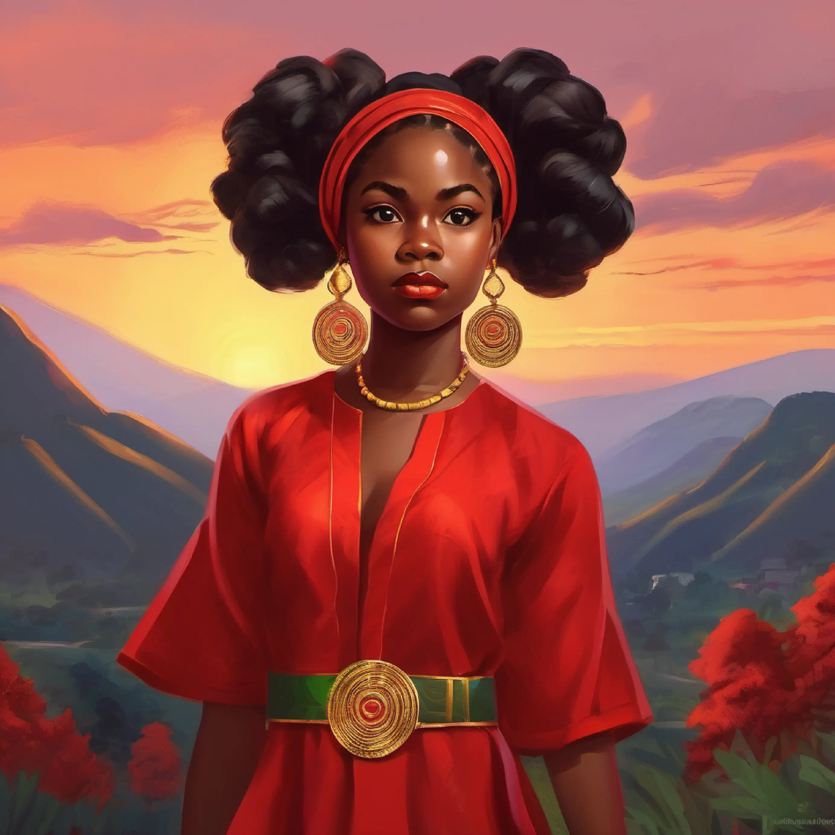 Nigerian young in red with gold small earings girl Mbi standing at the foot of the Idanre Hills with a determined expression.