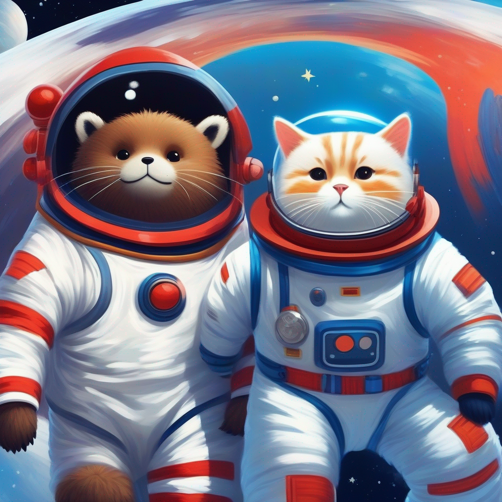 Brown bear with a big smile and a blue space suit the bear and White cat with black stripes and a red space suit the cat in space suits.