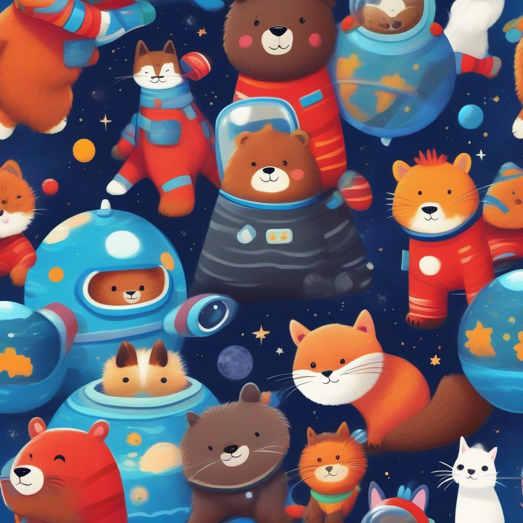 Brown bear with a big smile and a blue space suit and White cat with black stripes and a red space suit on a colorful planet with cute critters.