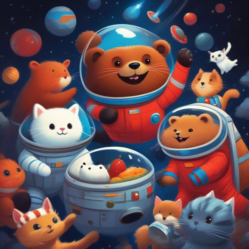 Brown bear with a big smile and a blue space suit, White cat with black stripes and a red space suit, and the cute critters playing and eating.