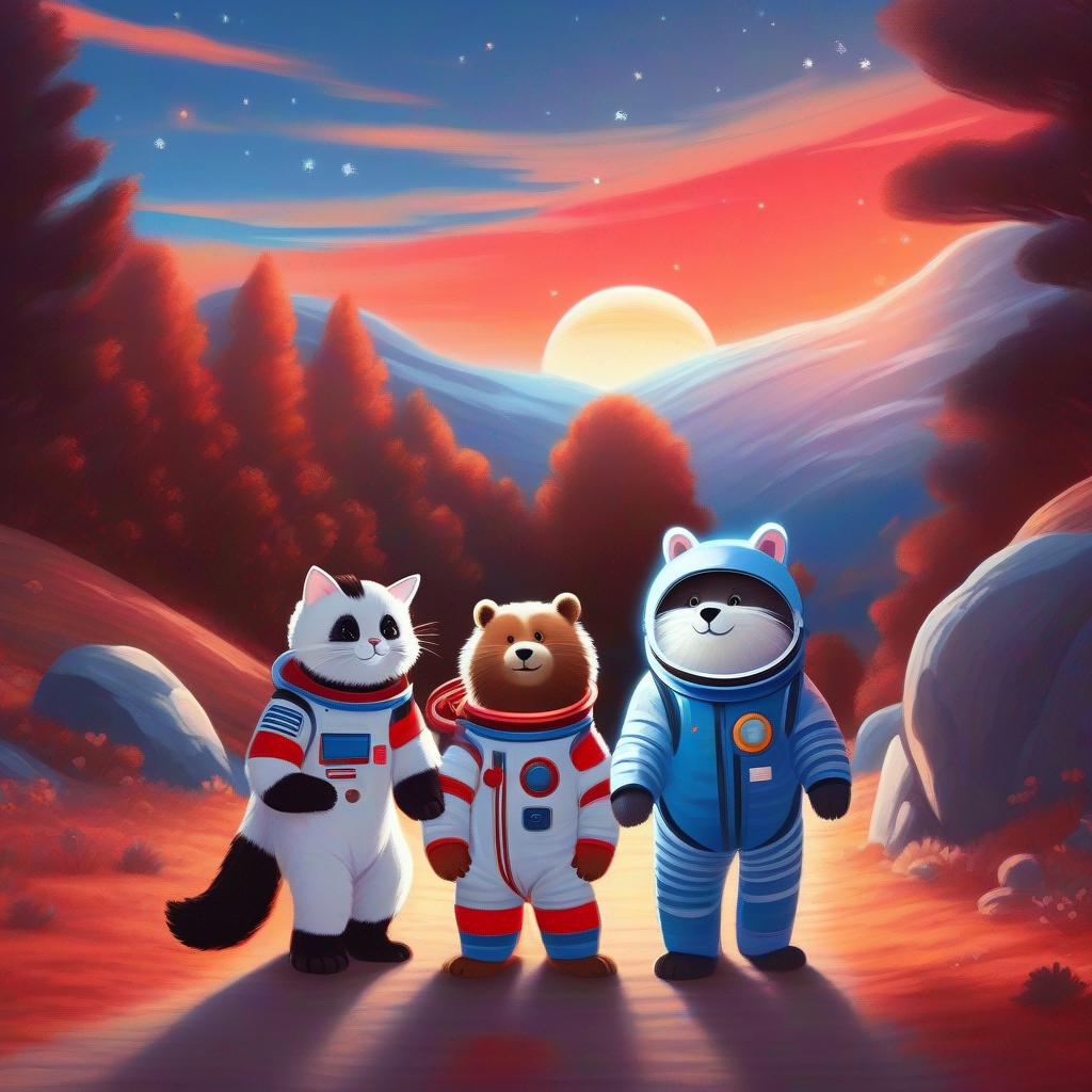 Brown bear with a big smile and a blue space suit, White cat with black stripes and a red space suit, and the critters saying goodbye with a sunset.
