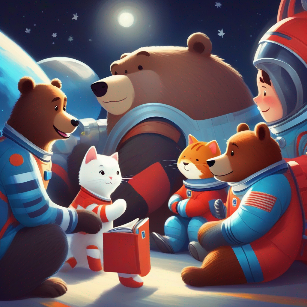 Brown bear with a big smile and a blue space suit, White cat with black stripes and a red space suit, and their friends looking at pictures and talking.