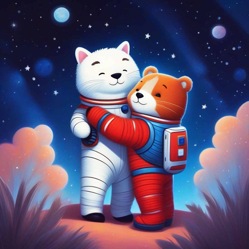 Brown bear with a big smile and a blue space suit and White cat with black stripes and a red space suit hugging each other with a starry background.