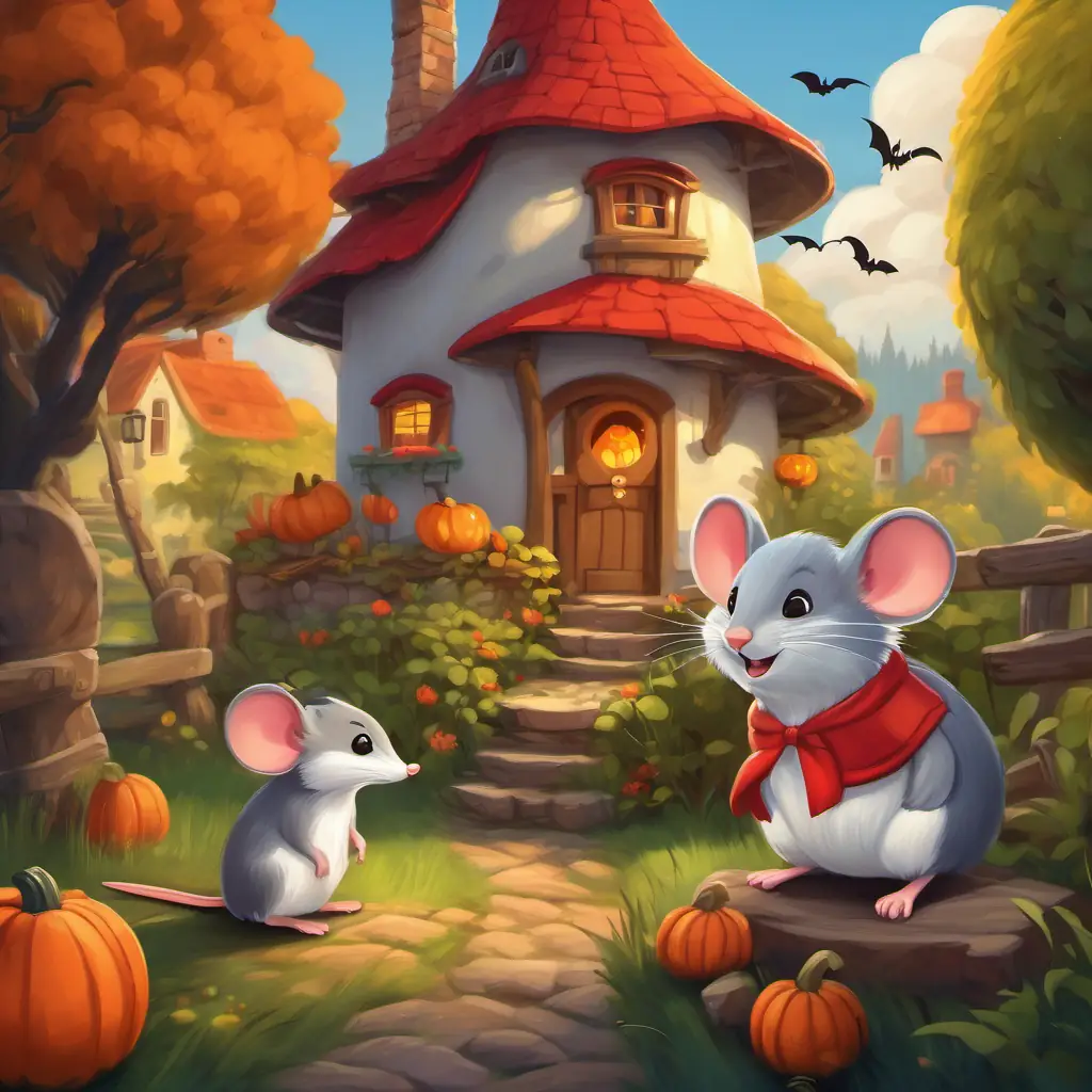 Cheerful mouse with large round ears and a red shorts and his friends in their cozy cottage, with a small bean in their backyard