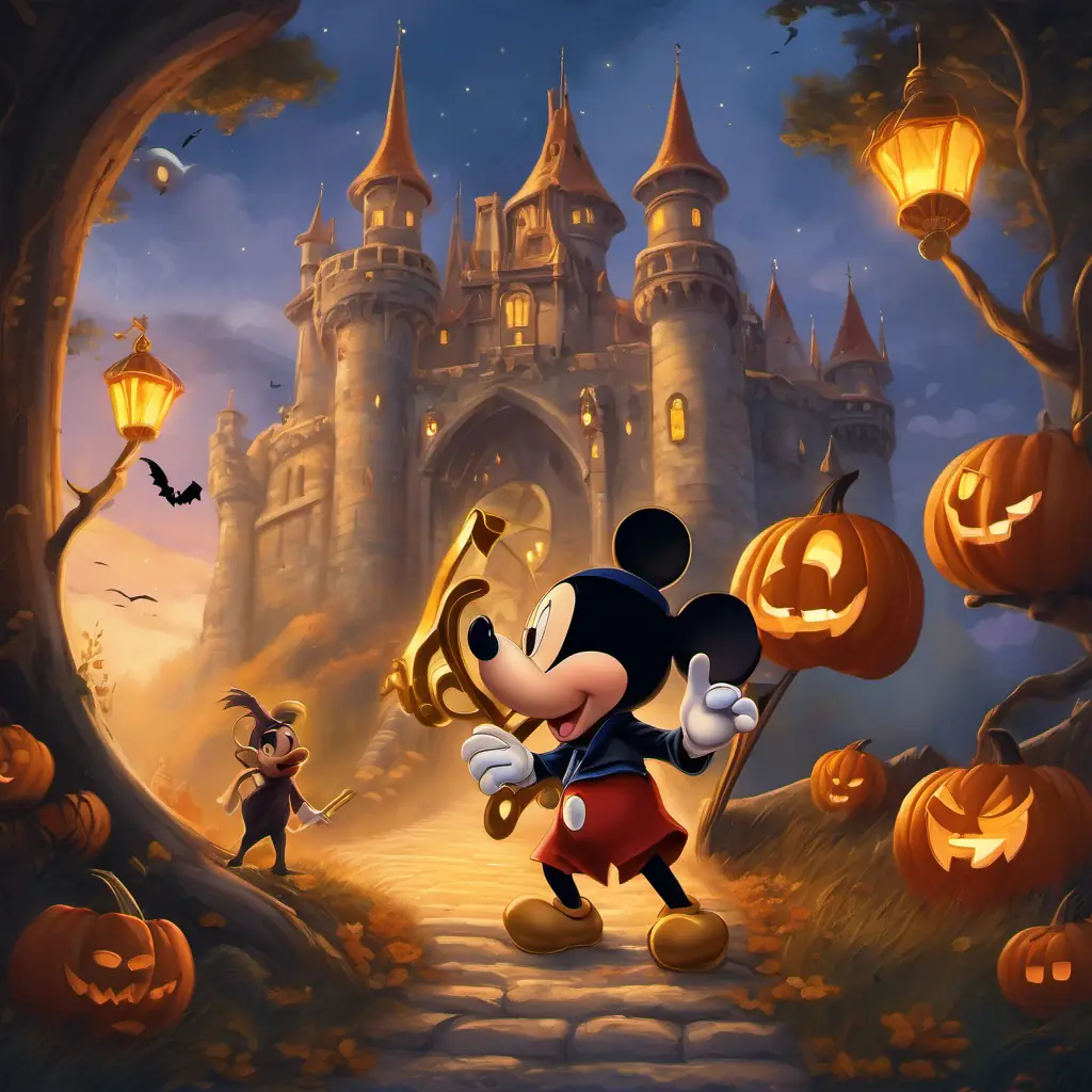 Mickey confronting the giant in the enormous castle, holding the magical golden harp