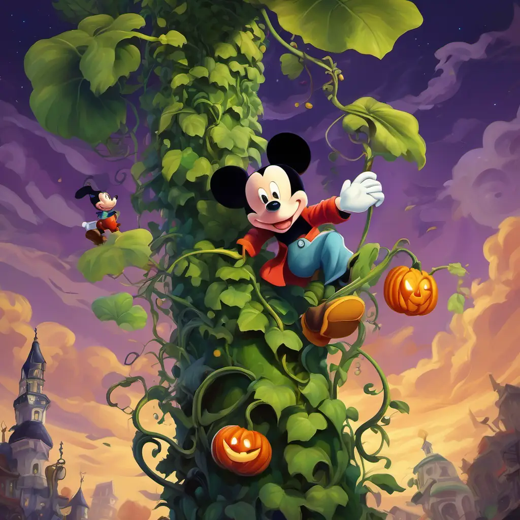 Mickey descending down the beanstalk, with the crumbling beanstalk behind him and the giant stuck at the top