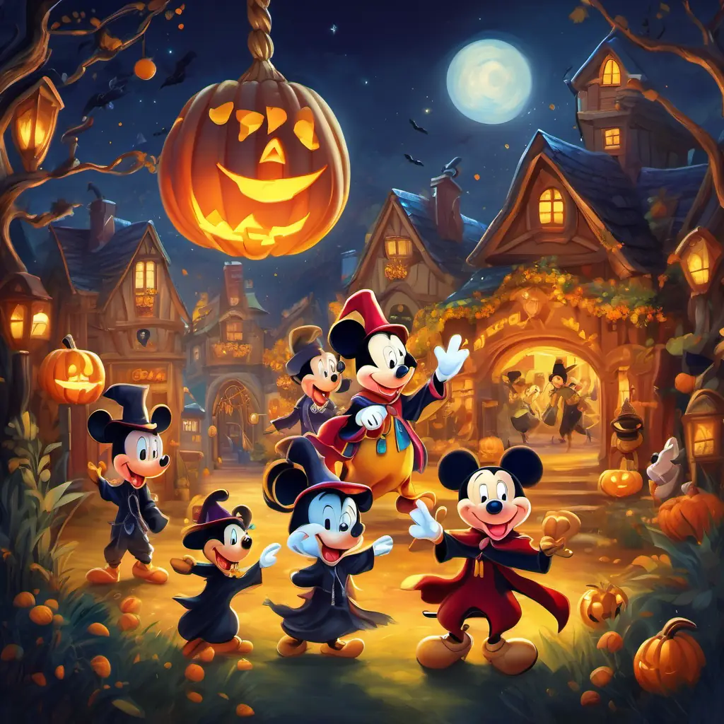 Mickey and his friends happily celebrating with the magical golden harp in their village