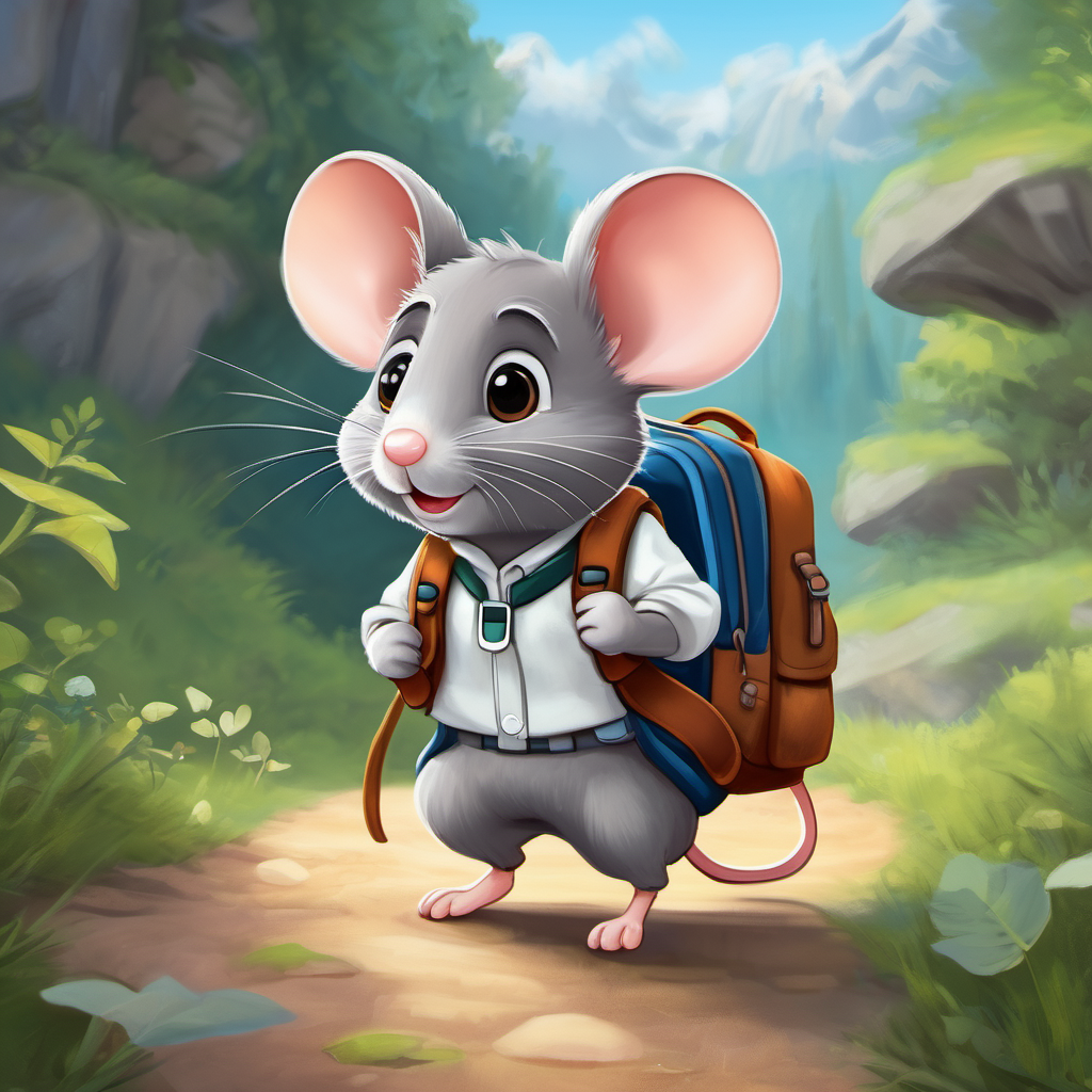 Milo is a small gray mouse with big ears. with a backpack, ready for adventure
