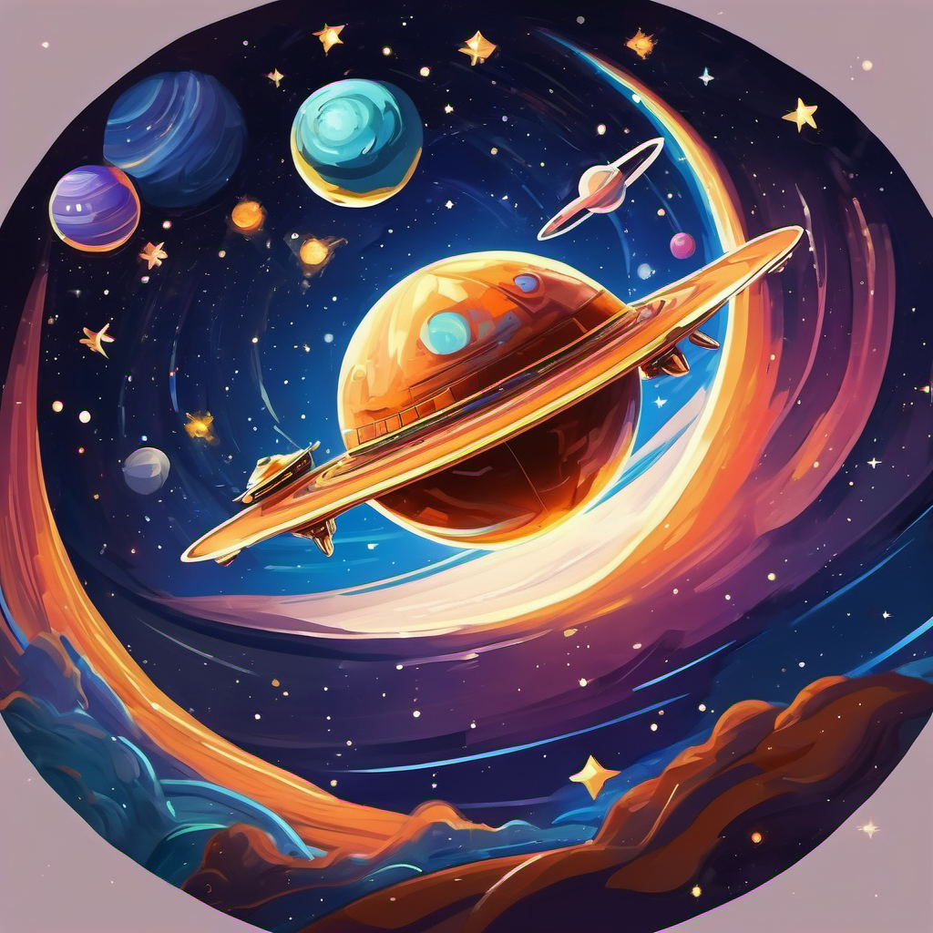 Spaceship flying past stars and planets