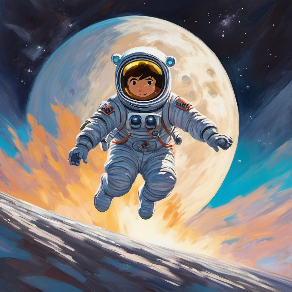 Milo with a spacesuit, jumping on the Moon's surface