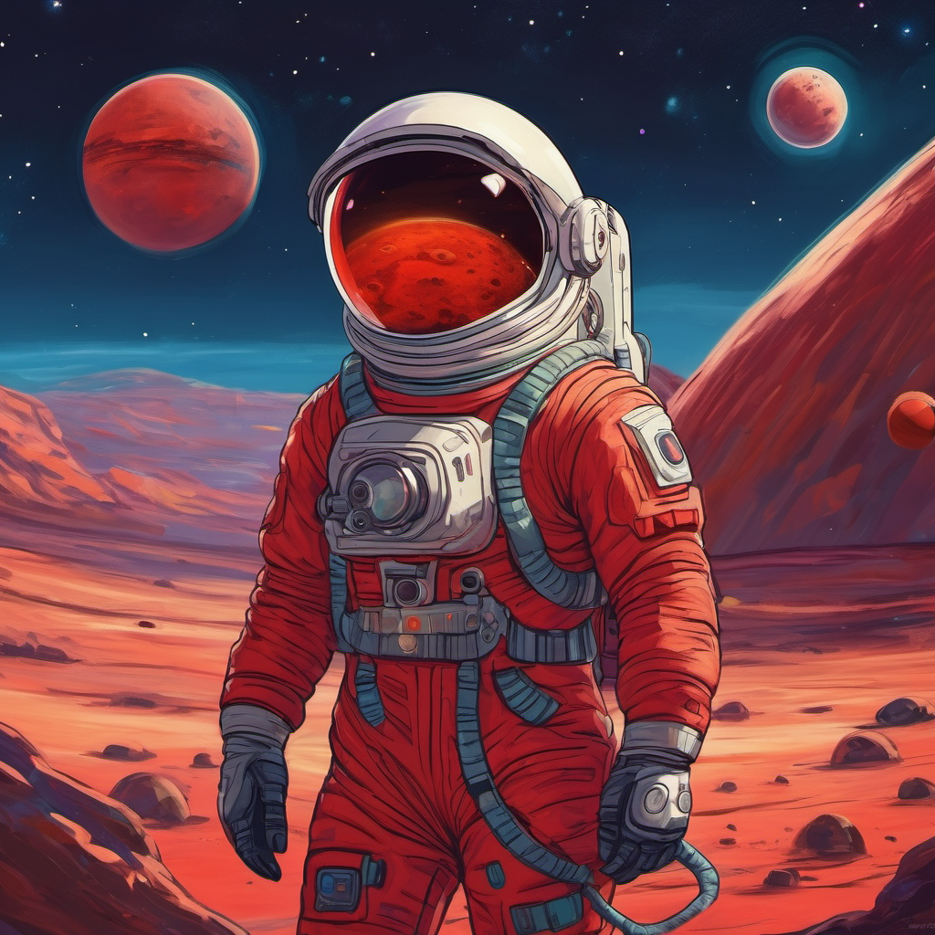 Milo in a spacesuit with a red planet behind