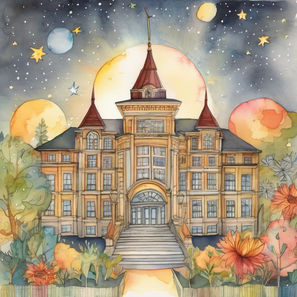 An illustration of a whimsical school surrounded by twinkling stars and a vibrant sun.