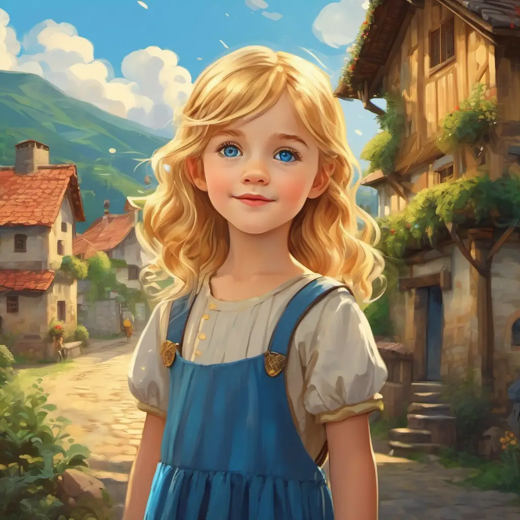 A little girl with golden hair and sparkling blue eyes with golden hair and sparkling blue eyes, standing in a village