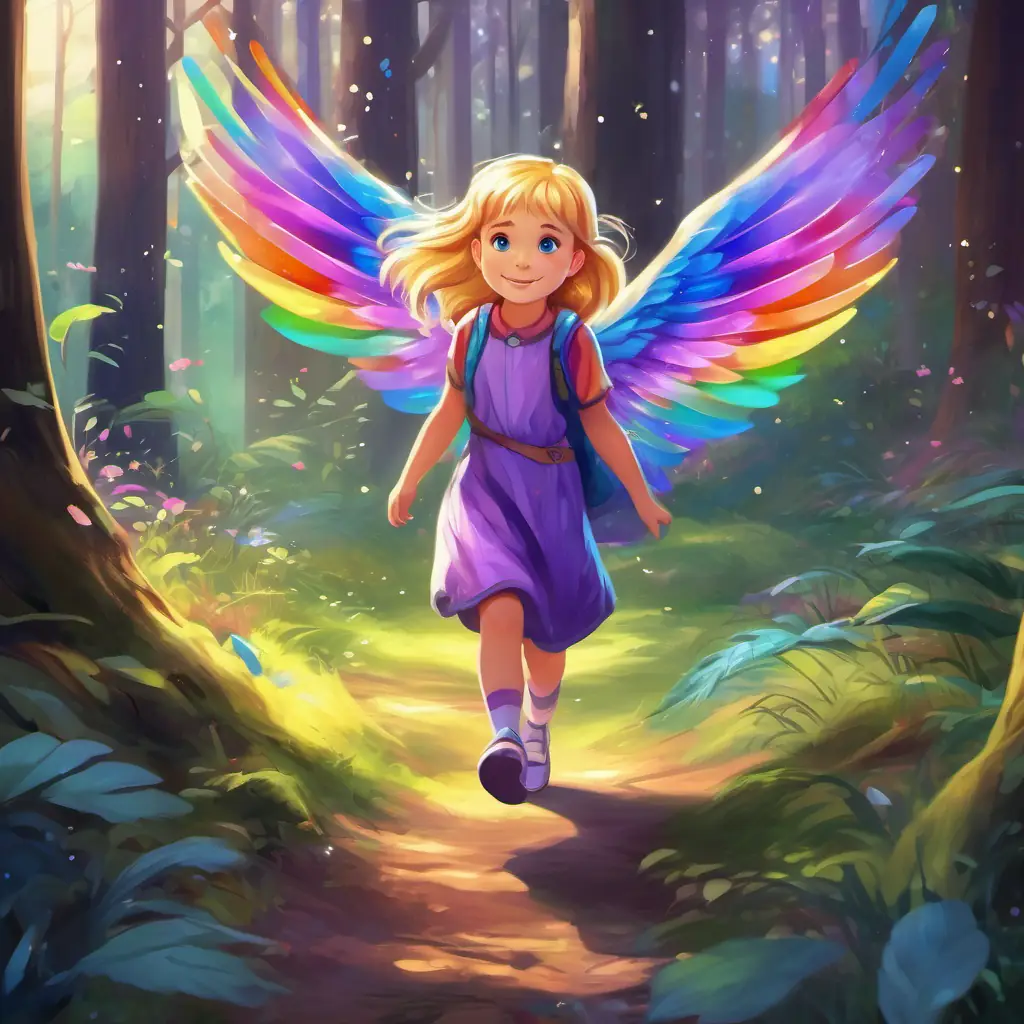 A little girl with golden hair and sparkling blue eyes in the forest, stumbling upon a A magical creature with rainbow-colored wings and a shiny purple body with rainbow-colored wings and a shiny purple body