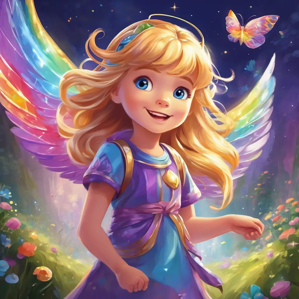 A little girl with golden hair and sparkling blue eyes and the A magical creature with rainbow-colored wings and a shiny purple body playing games and giggling