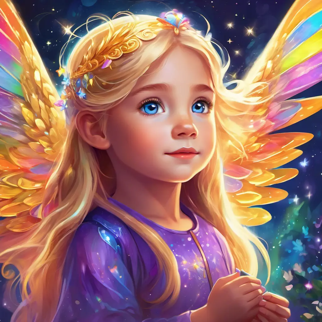 A little girl with golden hair and sparkling blue eyes and the A magical creature with rainbow-colored wings and a shiny purple body, the A magical creature with rainbow-colored wings and a shiny purple body granting A little girl with golden hair and sparkling blue eyes's wish