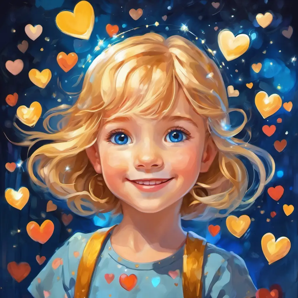 A little girl with golden hair and sparkling blue eyes with a smile, surrounded by hearts