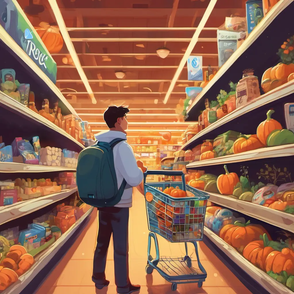 Briosc is inside the grocery store, surrounded by shelves filled with food. He is holding a shopping basket and selecting items from the shelves.