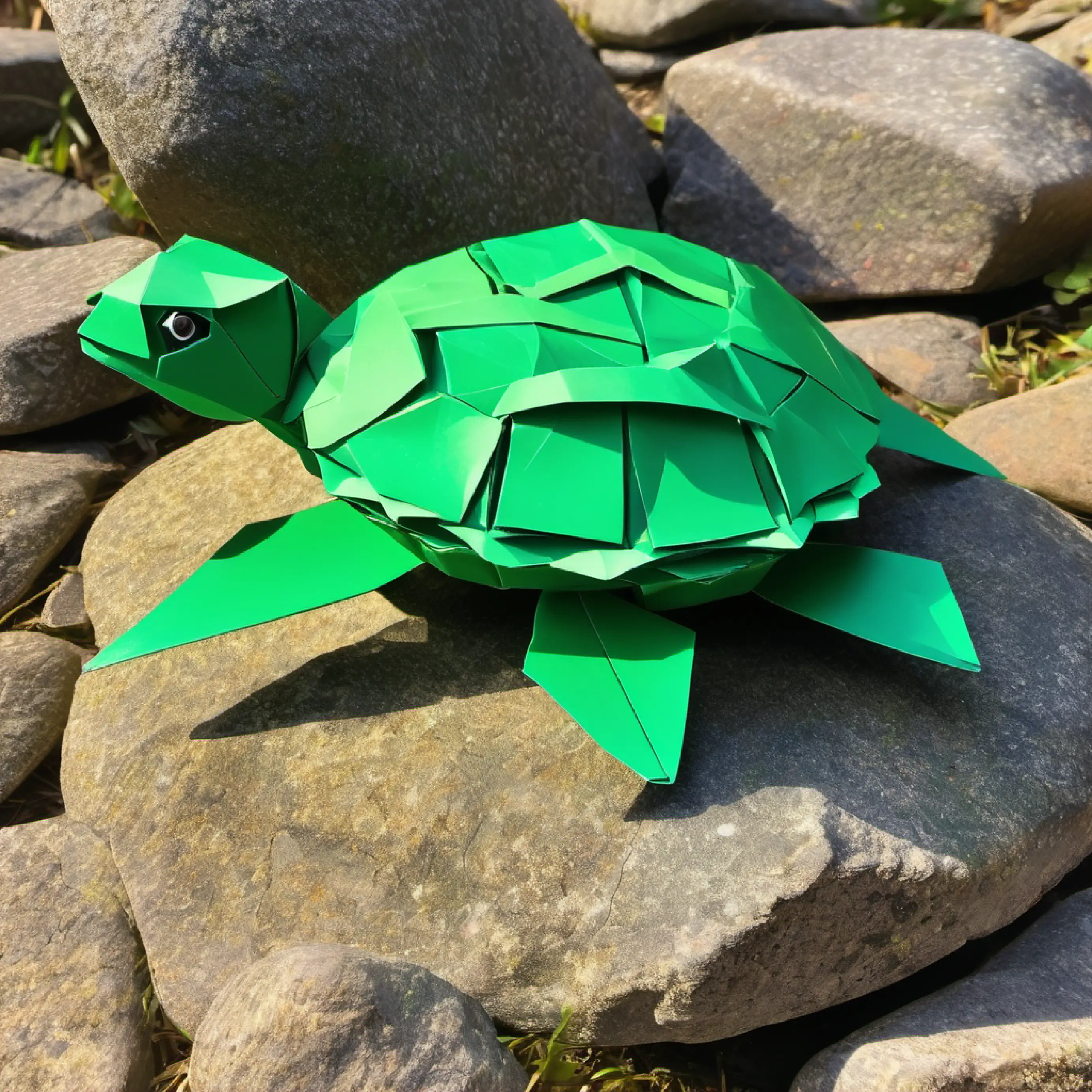 Small, green turtle with bright, friendly eyes figures out the steps to bypass the rock.