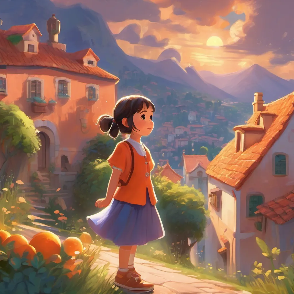 A curious little girl named A curious young girl with a twinkle in her eyes, full of whimsy and adventure spirit, exploring a bright orange village under a sunny sky with a sparkle in her eye