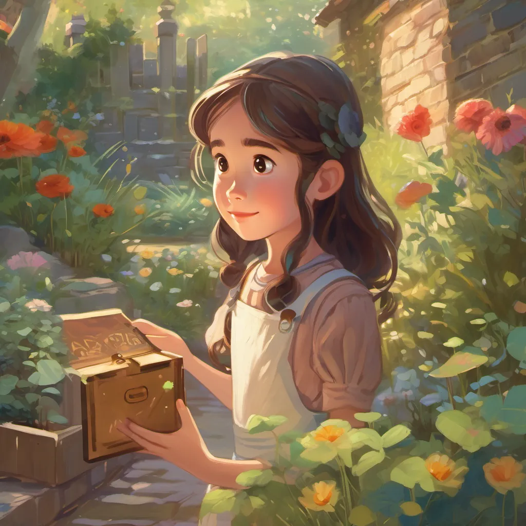 A curious young girl with a twinkle in her eyes, full of whimsy and adventure spirit, a small girl with wide eyes, discovering a glimmering box half-buried in her grandmother's garden