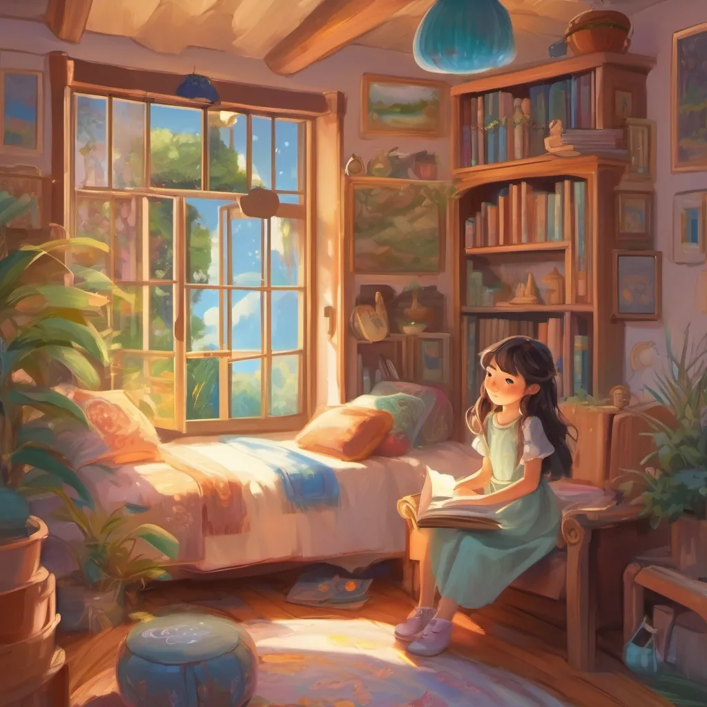 A curious young girl with a twinkle in her eyes, full of whimsy and adventure spirit sitting in her room, heart full of stories, dreaming of adventures, with the timeless wonder of her journey