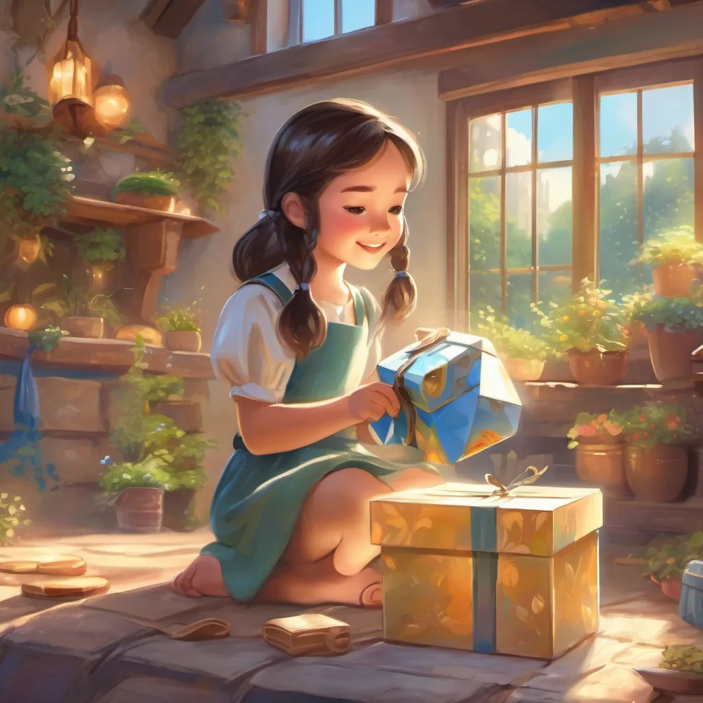 A gentle breeze whispers to A curious young girl with a twinkle in her eyes, full of whimsy and adventure spirit as she mischievously opens the shiny box, sunlight glinting off her cheeks