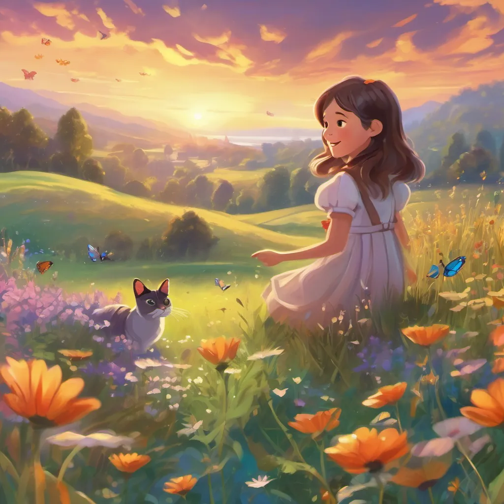 In a vibrant meadow with butterflies that cheerfully greet her, A curious young girl with a twinkle in her eyes, full of whimsy and adventure spirit sees her grandmother as a young girl